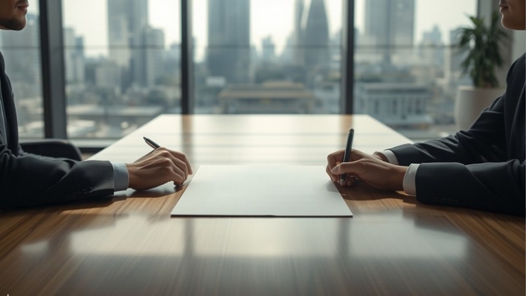 Two professionals negotiating across a meeting table with a contract between them