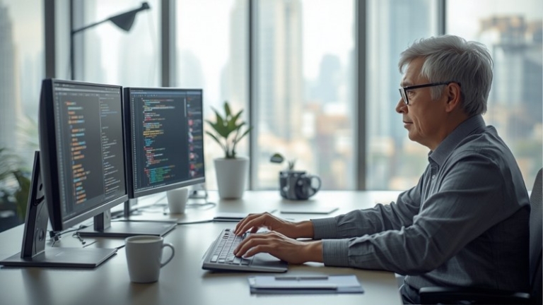 Experienced software engineer working at dual monitors in a Singapore tech office