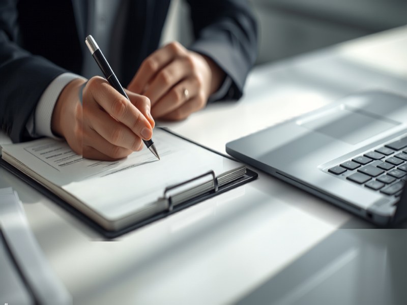 Recruitment consultant writing a quarterly content plan in a notebook beside a laptop