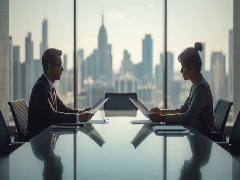 Two colleagues reviewing hiring paperwork in a Singapore office with the city skyline behind