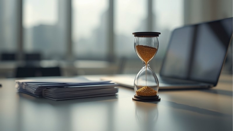 Hourglass beside a stack of CVs and a laptop in a Singapore office