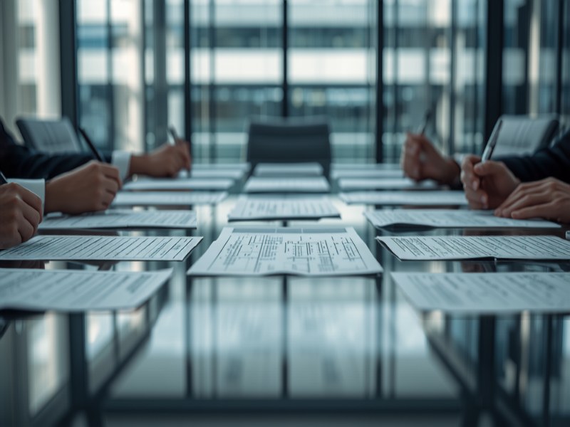 Structured panel interview with printed scoring sheets in a modern meeting room