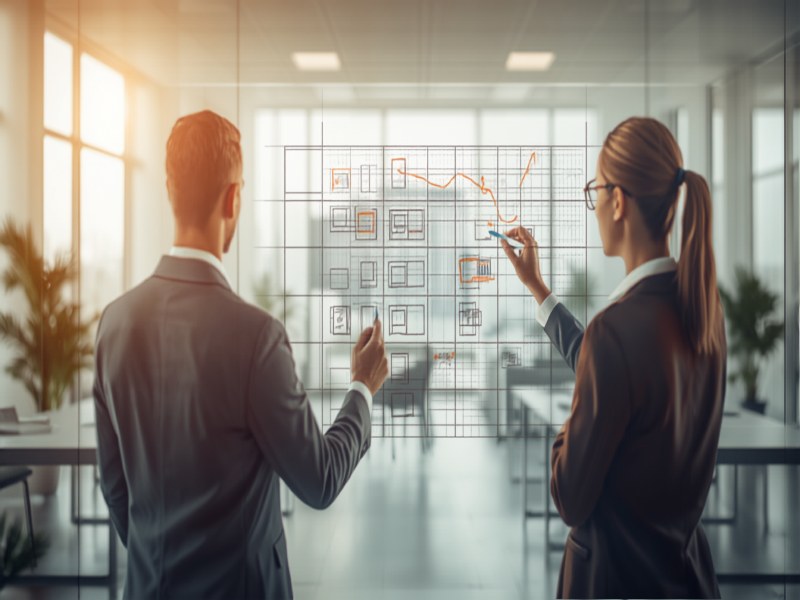 HR professionals mapping a skills matrix on a glass whiteboard in a bright office
