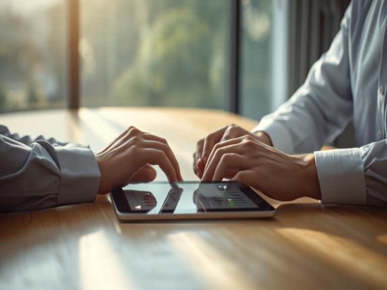 Illustration of colleagues reviewing an application on a tablet