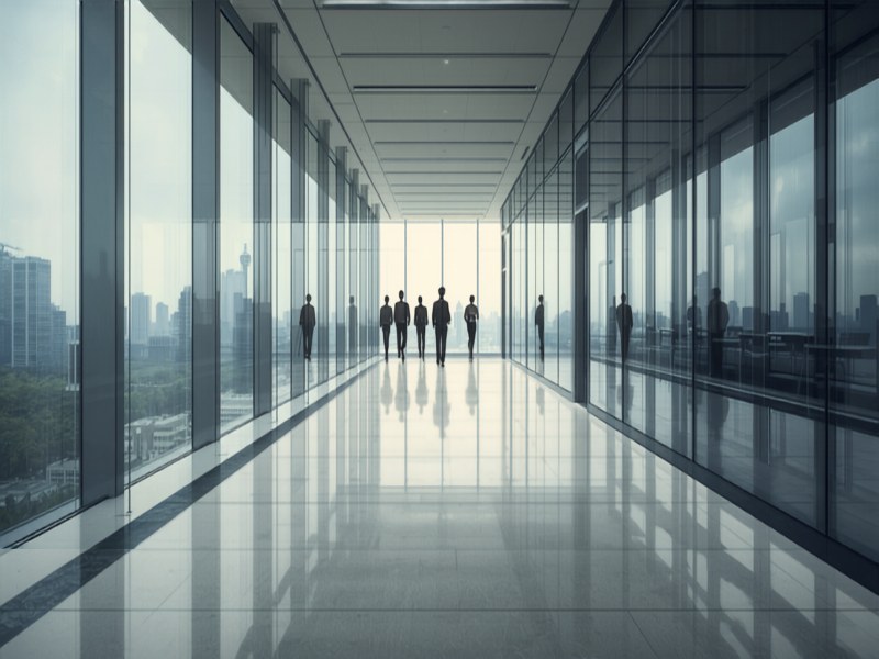 Colleagues walking through a glass-walled corridor in a modern Singapore CBD office