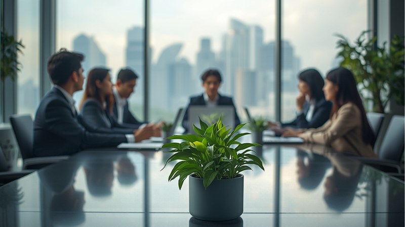 Professionals meeting in a Singapore financial district office with green plants