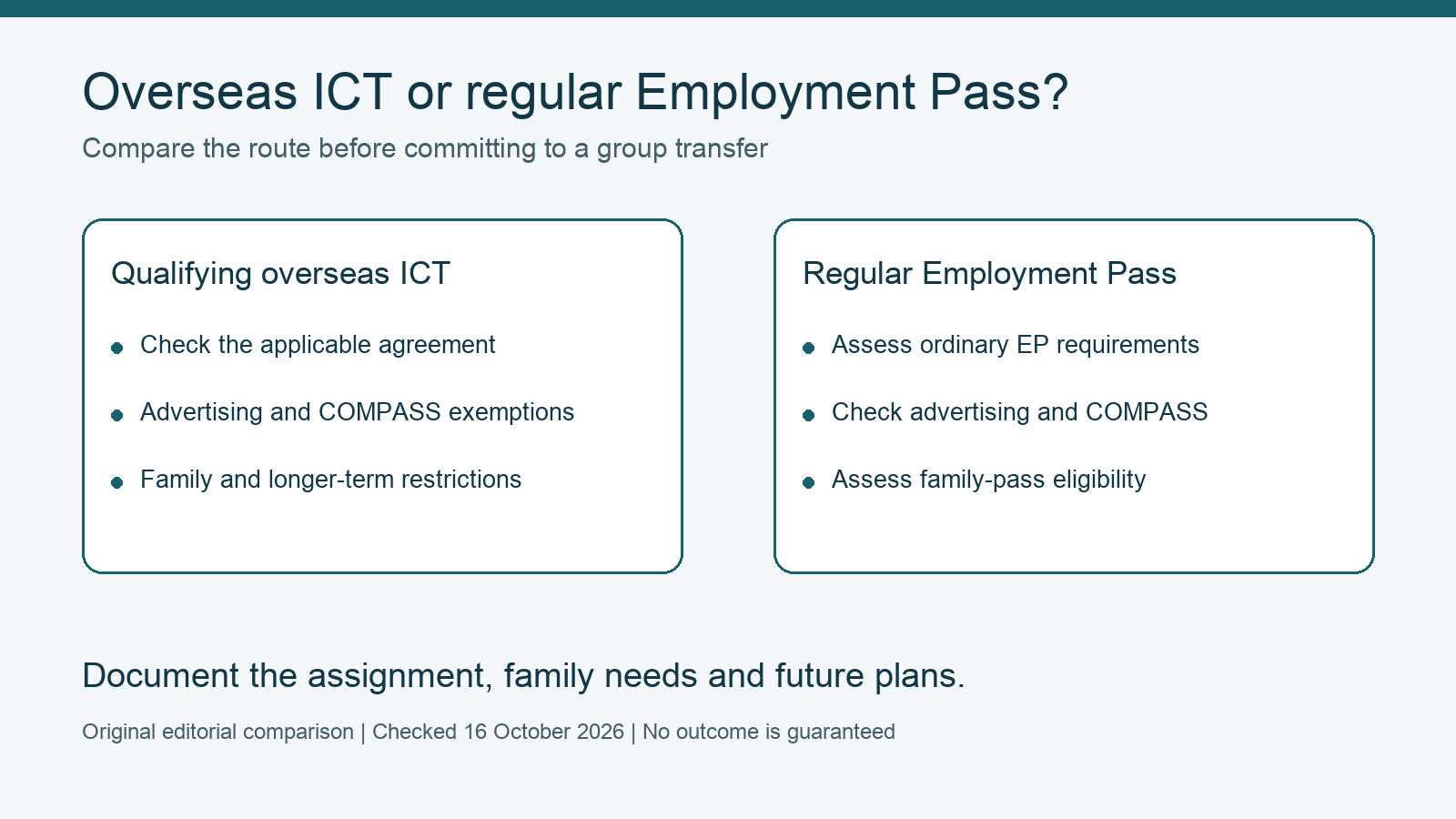 Comparison of overseas ICT and regular Employment Pass decisions on exemptions, family passes and longer-term plans